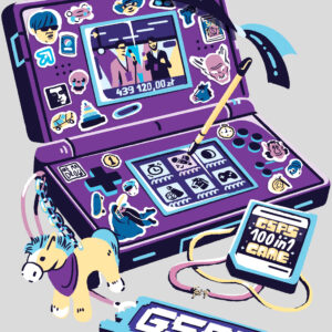 Rysunkowa grafika na szarym tle przedstawiająca konsolę Nintendo 3DS z naklejkami i innymi nawiązaniami do wydarzeń z serii GSPS.