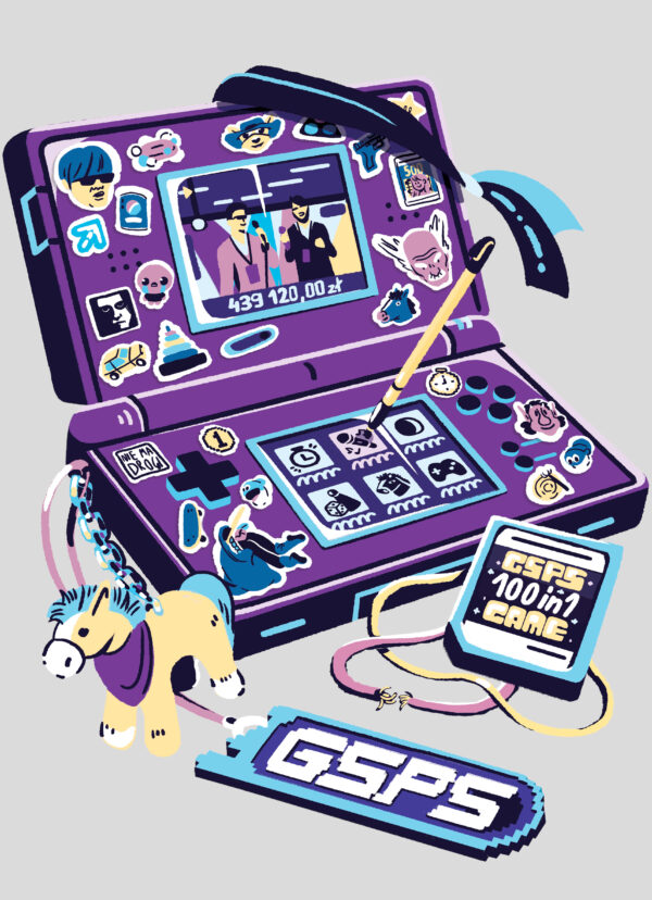 Rysunkowa grafika na szarym tle przedstawiająca konsolę Nintendo 3DS z naklejkami i innymi nawiązaniami do wydarzeń z serii GSPS.