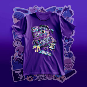Mockup koszulki z rysunkową grafiką fioletowej koszulki GSPS. Grafika przedstawia konsolę Nintendo 3DS z naklejkami i innymi nawiązaniami do wydarzeń z serii GSPS.
